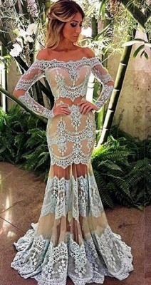 2021 Off-Shoulder Long Sleeve Sheer-Skirt Mermaid Lace Prom Dress BA4074_3