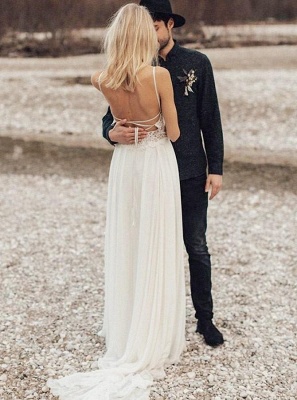 Sexy Chiffon A-Line Summer Wedding Dresses | Spaghetti Straps Lace Beach Bridal Gowns_2