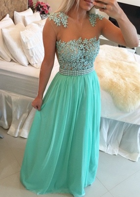 Mint Green Lace Pearls Chiffon Prom Dresses Sheer Neck Capped Sleeves Long Evening Gowns_3