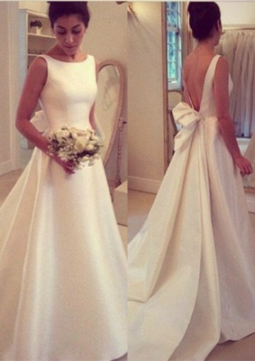 2021 Elegant Backless Sleeveless Sweep Train Jewel Bow A-line Wedding Dress_2