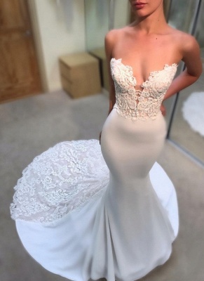Simple Appliques Mermaid Wedding Dresses | Sleeveless Long Court Train Bridal Gowns_1