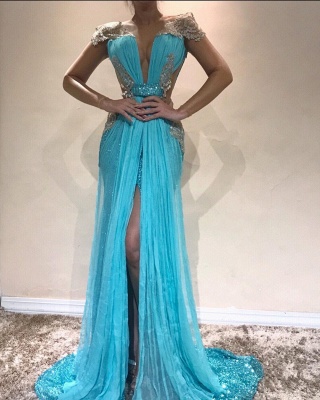 Sexy Blue Slit Evening Dresses | Capped Sleeves Sequins Mermaid Pageant Dresses_3