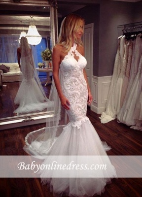 Tulle Sleeveless Halter Lace Elegant Mermaid Wedding Dress_1