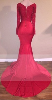 Mermaid Long-Sleeve Lace-Appliques Red Sexy Prom Dress_5