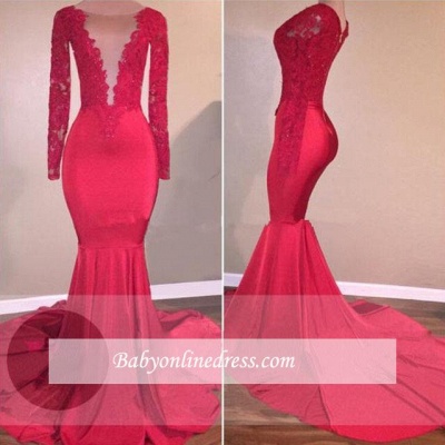 Mermaid Long-Sleeve Lace-Appliques Red Sexy Prom Dress_3