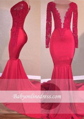 Mermaid Long-Sleeve Lace-Appliques Red Sexy Prom Dress_4