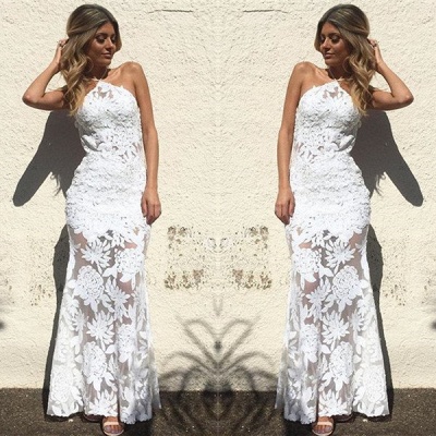 Elegant Halter Ankle-length Lace Appliques Mermaid Wedding Dresses_3
