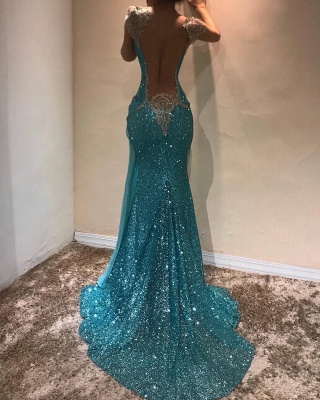 Sexy Blue Slit Evening Dresses | Capped Sleeves Sequins Mermaid Pageant Dresses_4