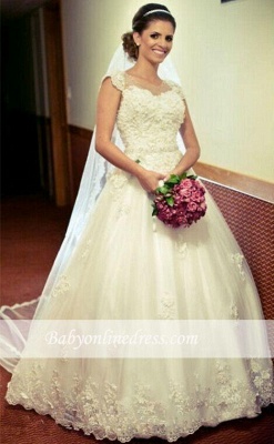 Princess Tulle Appliques Ball Cap-Sleeve Lace Gown Jewel Wedding Dress with Crystal-Belt_1