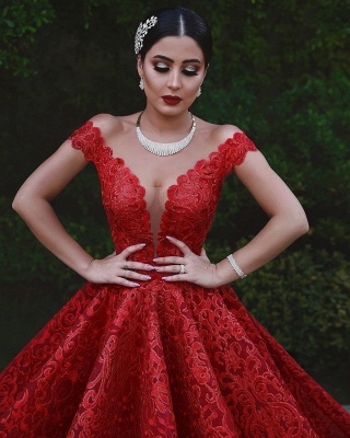 Elegant Red Ball Gown Prom Dresses | Off The Shoulder Lace Evening Dresses_4