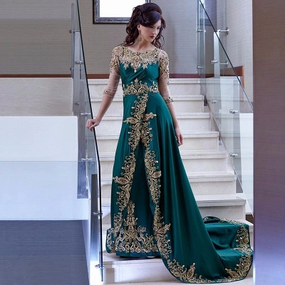 Green and Gold Evening Gowns Muslim Half Long Sleeves Appliques Beaded Arabic Party Dresses_3