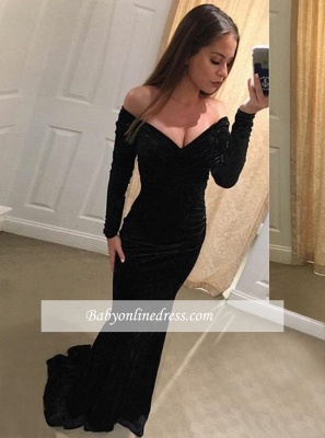 Simple Long-Sleeves  Off-The-Shoulder Prom Dresses | Mermaid Black Floor Length Evening Gowns_2