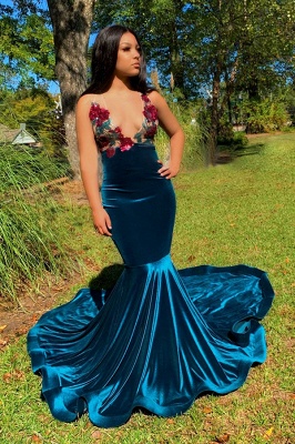 Dark Blue Velvet Deep V Neck Mermaid Straps Applique Backless Prom Dresses_1