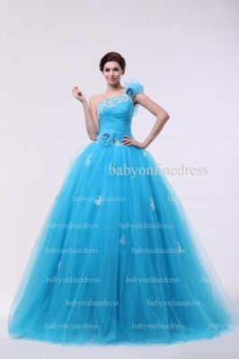 Very Cheap Quinceanera Gowns Light Blue On Sale One Shoulder Appliques Flowers Floor-length Tulle Dresses BO0860_1