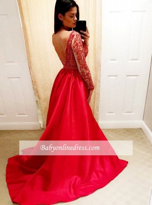 Elegant Long-Sleeves V-Neck Prom Dresses | Red A-Line Backless Prom Gowns_2