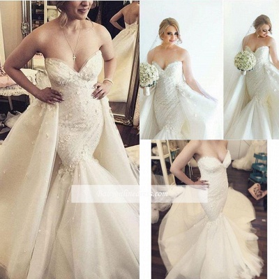 Sleeveless Open Back Strapless Mermaid Wedding Dresses with Detachable Train_1
