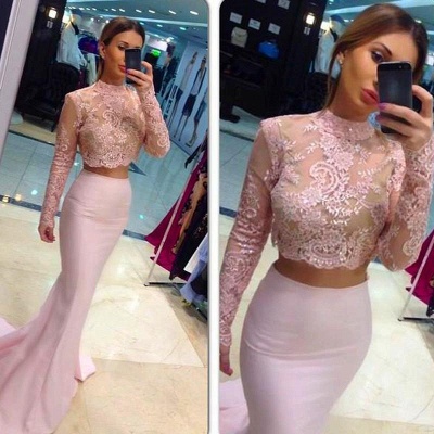 2021 Two-Piece Mermaid Prom Dresses High Neck Long Sleeves Lace Pink Evening Gowns for Teens_3