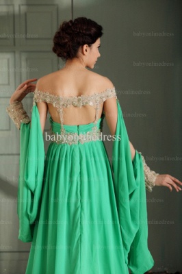 Affordable Prom Dresses Gown 2021 Off-the-shoulder Long Sleeve Beaded Chiffon Green Dress For Women BO0489_4
