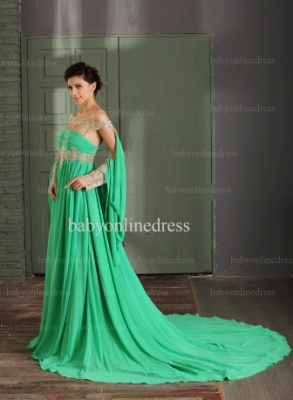 Affordable Prom Dresses Gown 2021 Off-the-shoulder Long Sleeve Beaded Chiffon Green Dress For Women BO0489_5