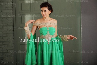 Affordable Prom Dresses Gown 2021 Off-the-shoulder Long Sleeve Beaded Chiffon Green Dress For Women BO0489_2