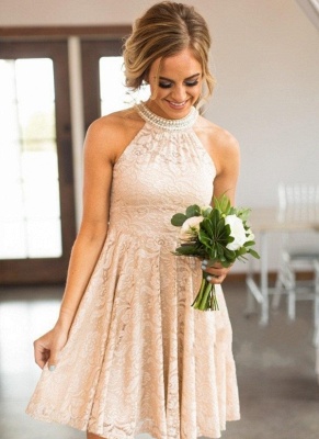 Nude Lace Short Bridesmaid Dresses | Pearls Halter Neck Maid of the Honor Dress_1