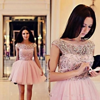 Capped Sleeves Pink Crystals Homecoming Dresses Short Puffy Junior Cocktail Dresses_2
