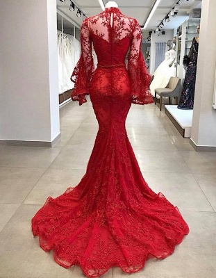 Luxury Red Mermaid Prom Dresses | High Neck Trumpet Sleeve Beading Evening Dress_3
