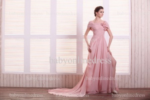 Simple Design Evening Gowns Pink On Sale 2021 Wholesale Off the Shoulder Flower Long Chiffon Dresses For Sale BO0735_3