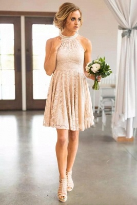 Nude Lace Short Bridesmaid Dresses | Pearls Halter Neck Maid of the Honor Dress_4