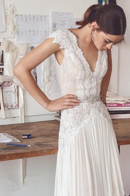Elegant Lace A-Line Wedding Dresses | V-Neck Cap Sleeves Appliques Long Bridal Gowns_1