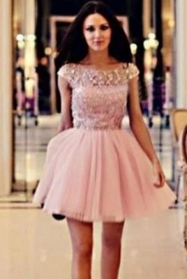 Capped Sleeves Pink Crystals Homecoming Dresses Short Puffy Junior Cocktail Dresses_1