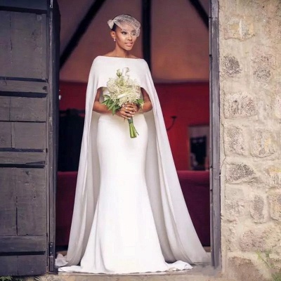 Simple White Mermaid Wedding Dresses | Bateau Neckline Long Cape Bridal Gowns_3