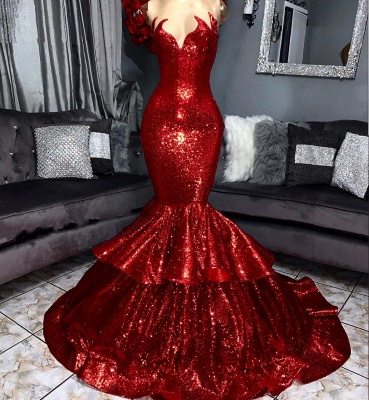 Shiny Red Sequin Prom Dresses | Tiers Skirt Mermaid Evening Gowns_3