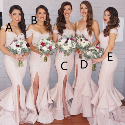 2021 Sequins Mermaid Bridesmaid Dresses Pink Layers Train Side Split Sexy Maid of the Honor Dresses_4