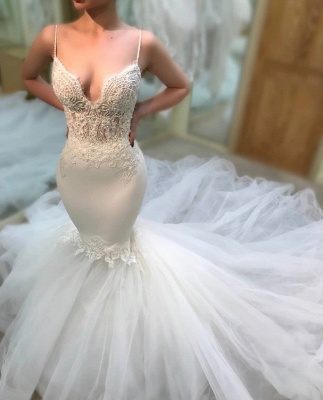 Sexy Spaghetti-Straps Sleeveless Wedding Dresses |  Lace Mermaid 2021 Bridal Gowns_3