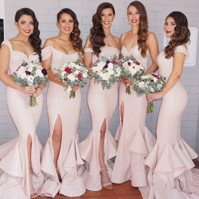 2021 Sequins Mermaid Bridesmaid Dresses Pink Layers Train Side Split Sexy Maid of the Honor Dresses_3