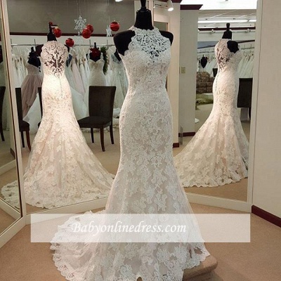 Elegant Mermaid Wedding Dresses | High Neck Lace Sleeveless Bridal Dresses_1