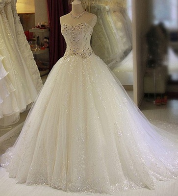 Sparkly Beaded Ball Gown Wedding Dresses | Sweetheart Sleeveless Lace Appliques Long Bridal Dresses_1