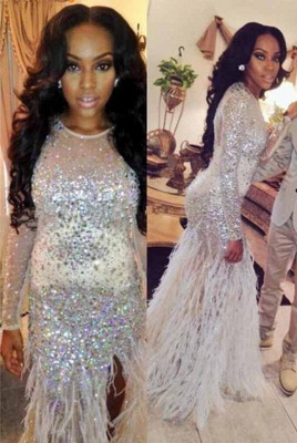 2021 Luxury Feather Prom Dresses Long Sleeves Crystals Beaded Side Split Sexy Evening Gowns_1