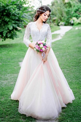 3/4-Length-Sleeve Pink Long Tulle Lace Royal Wedding Dresses_2