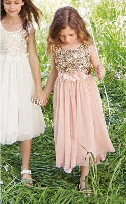 2021 Pink Flower Girl's Dresses Sequins with Handmade Flowers Girl's Formal Dress_1