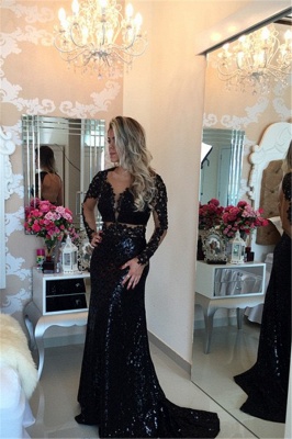Black Long Sleeves Sequined Prom Dresses 2021 Lace Appliques Evening Gowns_2