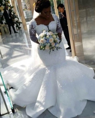 Luxury Lace Mermaid Wedding Dresses | Plus Size Long Sleeves Appliques Bridal Gowms_3