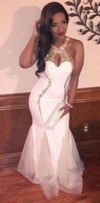 2021 White Mermaid Prom Dresses Gold Beading Halter Neck Open Back Sexy Evening Gowns_1