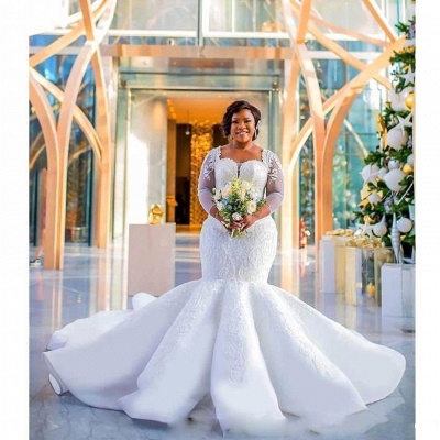 Luxury Lace Mermaid Wedding Dresses | Plus Size Long Sleeves Appliques Bridal Gowms_5