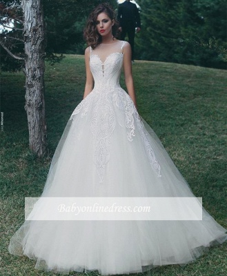 Glamorous A-Line Appliques Bridal Gowns Sleeveless Tulle Wedding Dresses_1
