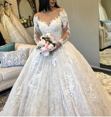 Gorgeous Lace Ball Gown Wedding Dresses | Long Sleeves V Neck Bridal Gowns_4
