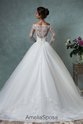 Lace Long Sleeves A-line Wedding Dresses Off-Shoulder Lace Applique Sheer Back Bridal Gowns_4