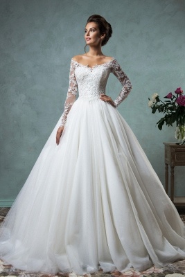 Lace Long Sleeves A-line Wedding Dresses Off-Shoulder Lace Applique Sheer Back Bridal Gowns_1