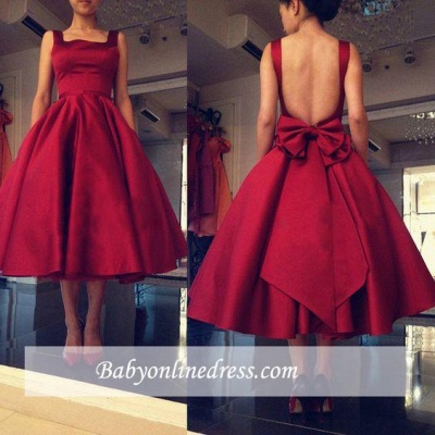Red Square-Neck Tea-Length Short Puffy Backless Bowknot 2021 Prom Dresses_2